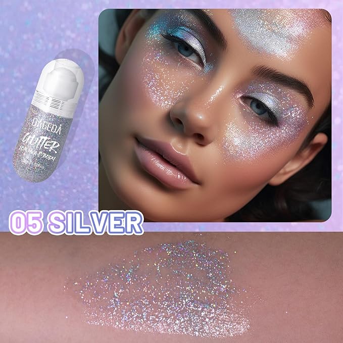 DAGEDA Body Glitter Gel, Roll-on Face Glitter for Mermaid Makeup Festival Rave Accessories, Holographic Hair Glitter Gel,Body Shimmer Halloween Makeup for Rave Party (Silver)