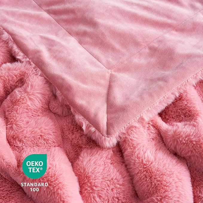 Cozy Bliss Faux Fur Throw Blanket for Couch, Cozy Warm Plush Striped Blanket for Sofa Bedroom Living Room, 90 * 90 Inches Hot Pink