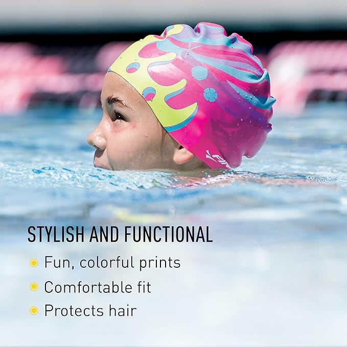 FINIS Mermaid Kids Swim Cap - 100% Silicone - Fun Prints - Universal Fit - Chlorine Protection