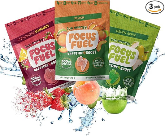 Energy Chews – Trial Size Variety Sample Pack (9 Servings) – 100mg Caffeine + Alpha GPC + L-Theanine + B12, Magnesium – Peach, Green Apple, Strawberry Lemonade Flavors – No Crash or Jitters