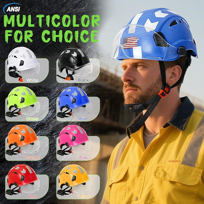 AOLAMEGS Construction Safety Hard Hat - ANSI Z89.1 Type Ι OSHA Approved Safety Helmets with Chin Straps Lightweight Reflective Vented ABS Hard Hats For Men Women Industrial Workwear 6-point Suspension
