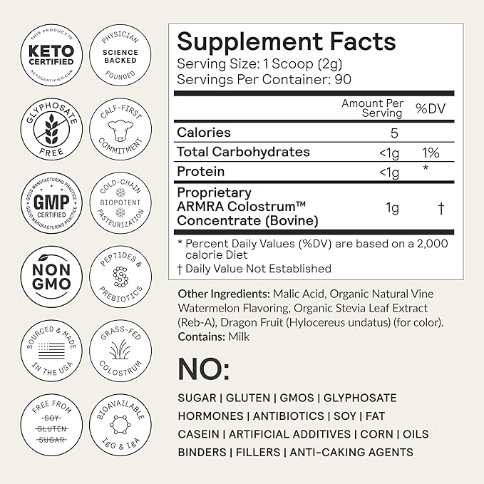 ARMRA Colostrum™ Powder | Vine Watermelon | Gut Health & Bloating | Skin & Hair | Immunity | Keto, Gluten & Fat-Free | 90 Servings