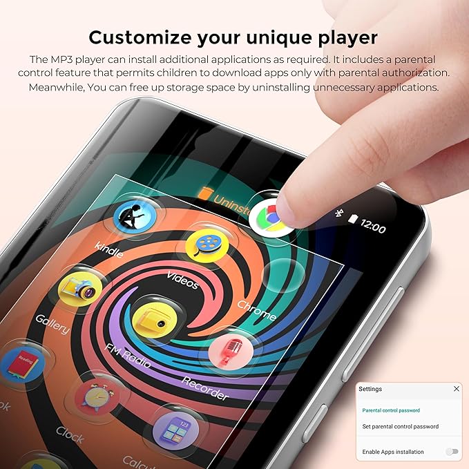 Innioasis MP3 Player with Bluetooth and WiFi, 160GB MP3 Player with Spotify for Kids, 4" Touch Screen Android MP3 MP4 Player with Pandora,Amazon Music,Audible,Libby,Audiobooks(White)