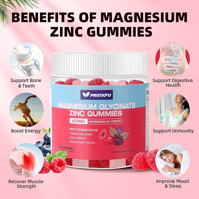 90 CT Magnesium Glycinate Gummies 600mg, Sugar Free Magnesium Gummies w/Zinc & Vitamin D3 & K2 - Magnesium Supplements for Sleep, Supports Bone Health, Nerve & Immune Function