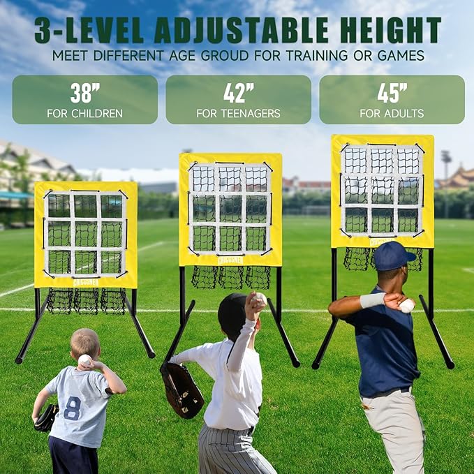 9 Hole Pitching Net, Heavy-Duty Baseball Net with Strike Zone for Pitching and Hitting, Height Adjustable Training Equipment with 9 Pocket Pitching Target for Baseball & Softball Practice