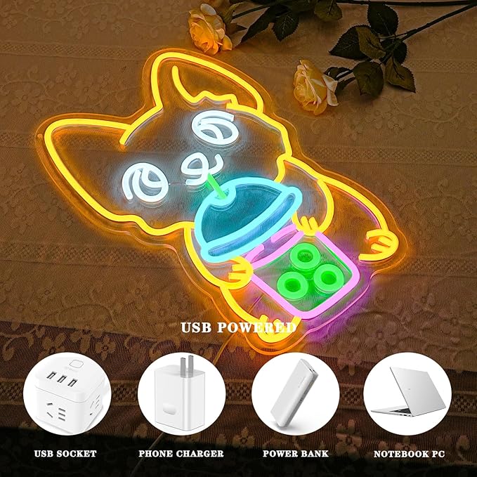 Corgi Neon Sign Bubble Tea Neon Light for Wall Decor Colorful Neon Sign Dog Neon Signs for Bedroom Dessert Coffe Shop Store Business Wall Decoration