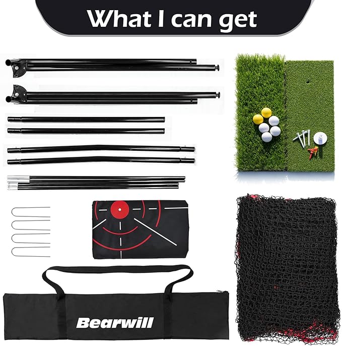 Golf Net, 10x7ft Heavy Duty Golf Practice Nets with Mat, Target Cloth, 8 Tees, 6 Balls, Carry Bag for Backyard Driving Chipping Indoor Outdoor Training