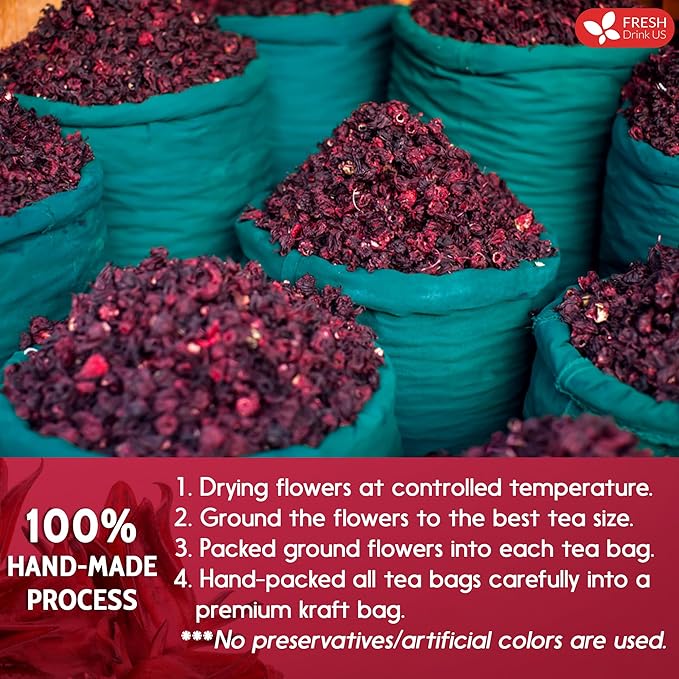 FreshDrinkUS, Premium 140 Hibiscus Flowers Tea Bags, 100% Natural, Handmade & Pure from Hibiscus Flowers. No Sugar/Caffeine/Gluten, Vegan. Tart & Refreshing, Hot or Ice Tea, Great For All Seasons