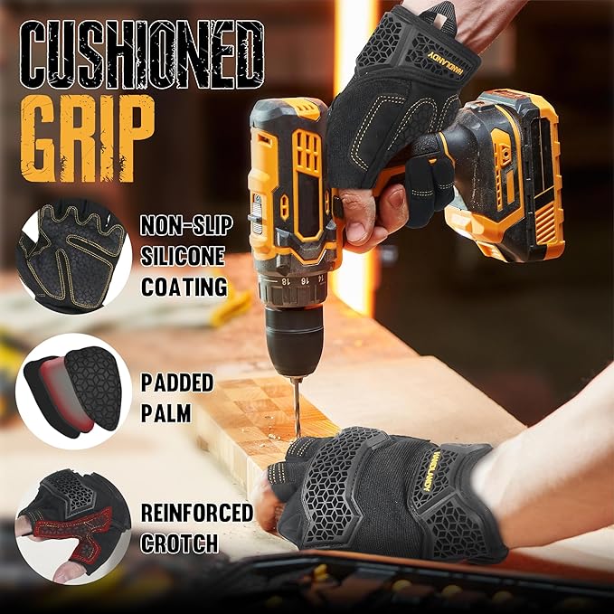 HANDLANDY Fingerless Framer Work Gloves for Men, Utility Grip Paded Gloves for Tactical Shooting Airsoft Hunting Driving (Black- 3 Fingerless, Large (Pack of 1))