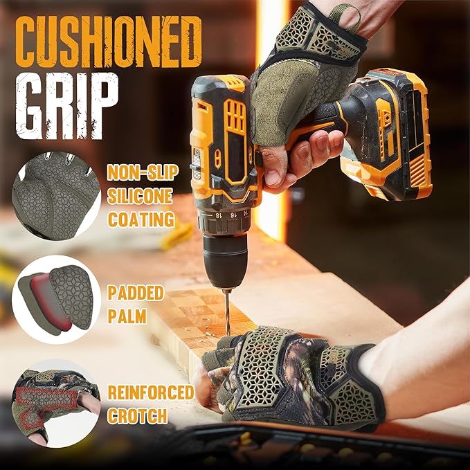 HANDLANDY Fingerless Work Gloves for Men, Padded Impact Tactical Mechanics Gloves, Grip Utility Trucker Driver Gloves (Camo- impact, X-Large (Pack of 1))