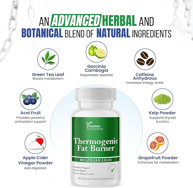 DR VITAMIN SOLUTIONS Thermogenic Fat Burner – Natural Appetite Control & Metabolic Booster with Green Tea & Bloat Defense (35 Capsules)