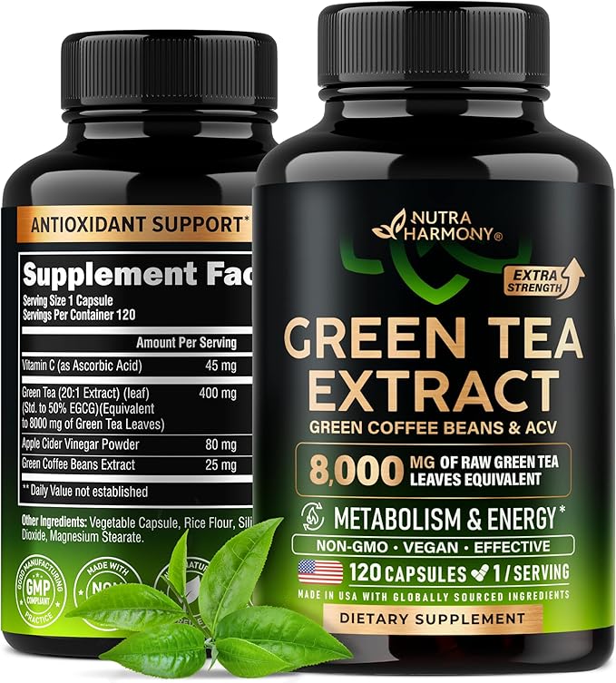Green Tea Extract Capsules with Green Coffee Beans & Apple Cider Vinegar - Energy & Metabolism Support - Green Tea Supplement 50% EGCG - 20:1 Natural Extract - for Men & Women - 120 Vegan Capsules