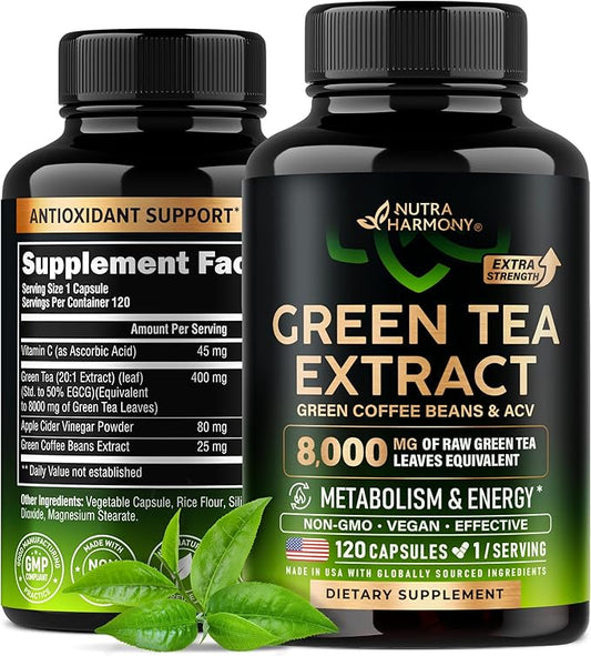 Green Tea Extract Capsules with Green Coffee Beans & Apple Cider Vinegar - Energy & Metabolism Support - Green Tea Supplement 50% EGCG - 20:1 Natural Extract - for Men & Women - 120 Vegan Capsules