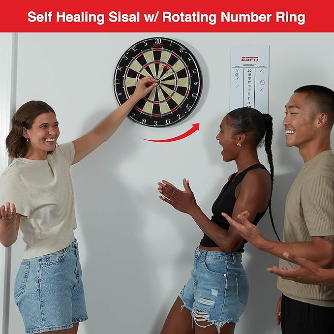 ESPN Dart Board Includes 6 Steel Tip Darts, Bristle Dartboard with Radial Spider Wire and Staple Free Bullseye, Ideal Party Games for Adults