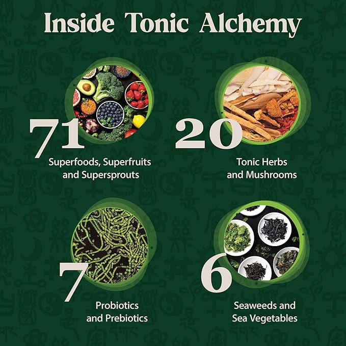 Dragon Herbs Tonic Alchemy Superfood Greens Powder with 91 Ingredients: Tonic Herbs, Ashwagandha, Mushrooms, Probiotics, Super Greens, Seaweeds, Fruits, Vegetables, Spirulina - 30 Servings