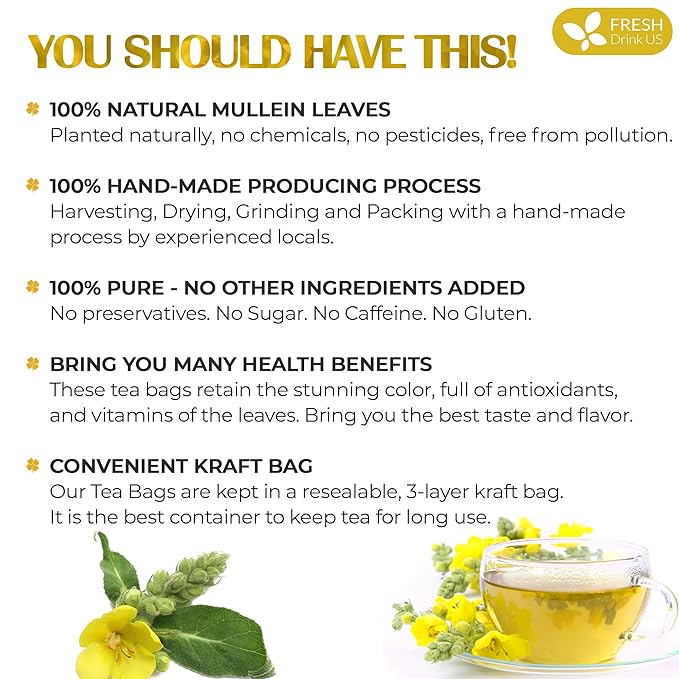 FreshDrinkUS, Premium 15 Mullein Leaf Tea Bags For Lung, 100% Natural & Pure from Mullein Leaves. Loose Leaf Mullein Herbal Tea. Made with Natural Material Tea Bags. No Sugar, No Caffeine, No Gluten, Vegan.