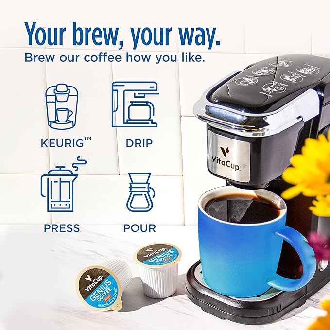 Decaf Genius Keto Coffee Pods with MCT Oil, Turmeric, and B Vitamins by VitaCup for Focus in Recyclable Single Serve Pod Compatible with K-Cup Brewers Including Keurig 2.0, 32 CT