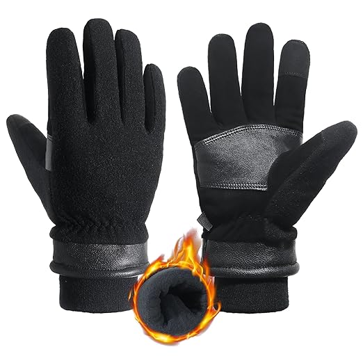 HANDLANDY Winter Gloves for Men Women, Thermal Gloves for Cold Weather Driving Cycling Ski Outdoor, Insulated Leather Work Gloves (Medium, Black)