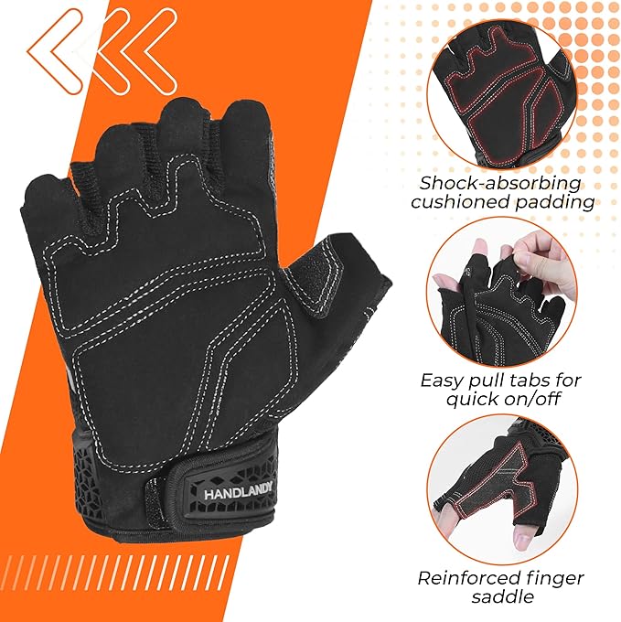 HANDLANDY Fingerless Work Gloves for Men, Half Finger Working Glove Grip Shock-Absorbing Breathable Uwrist TPR Anti-collision Gloves for Mens & Women (Black, M)