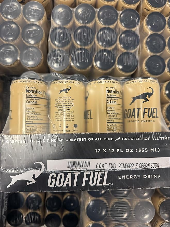 G.O.A.T. Fuel Energy Drink, Co-Founded by Jerry Rice, Natural Caffeine, Electrolytes, BCAAs, Cordyceps Mushrooms & Antioxidants, Light Carbonation Pre Workout, 12 Pack, 12 FL Oz, Pineapple Cream Soda
