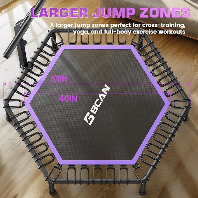 BCAN 51" Mini Hexagon Trampoline, Max Load 450 LBS Fitness Trampoline with T-Adjustable Handle Bar, Silent Bungees, Larger, More Stable, Quieter Exercise Rebounder for Adults Indoor/Garden Workout