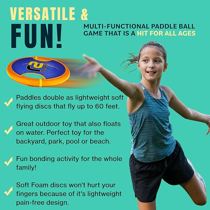 Fun Bouncy Paddle & Stringy Ball Toss & Catch Game - Easy to Use for Kids All Ages - Soft Foam Design for Safe Play Indoors or Outdoors - Also Works as Flying Disc - Great Gift Idea for Boys & Girls
