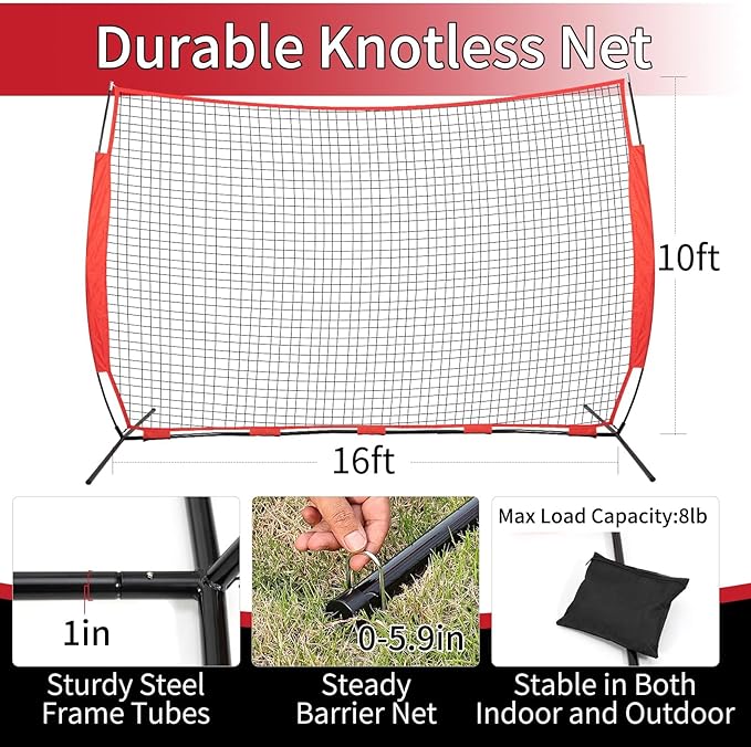 7x7/16x10/20x10ft Backstop Net, Ball Stop Net with Handbag,Fix Sports Net Barrier by 4 Spike&2 Sandbag,Sports Practice Barrier Net for Baseball,Softball,Lacrosse Train,Backstop Net for Backyard