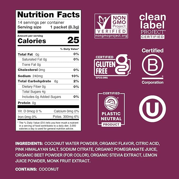 Cure Hydration | Plant-Based Electrolyte Drink Mix | No Added Sugar | FSA-HSA | Dehydration Relief Powder Made with Coconut Water | Non-GMO | Vegan | Pouch of 14 Packets - Berry Pomegranate