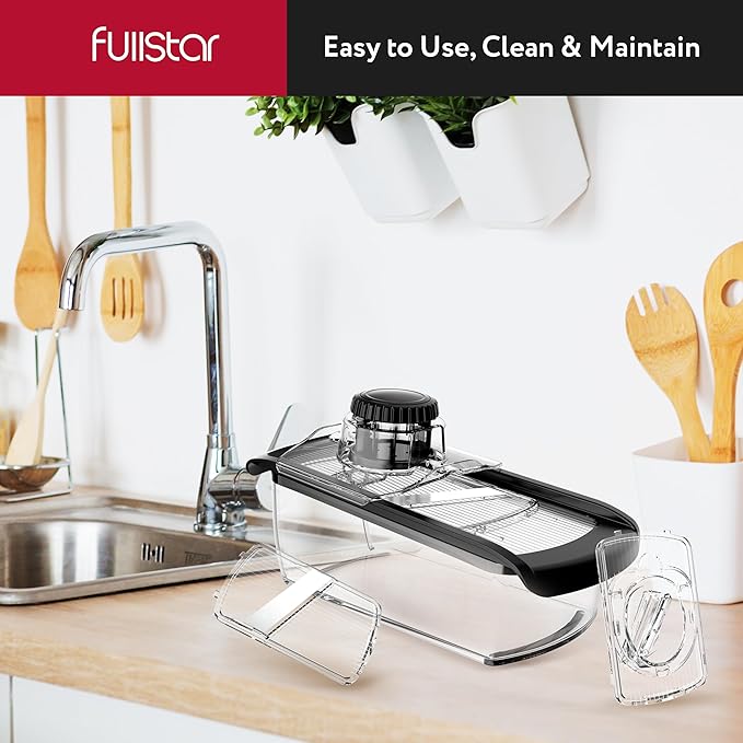 Fullstar Mandoline Slicer for Kitchen, Fruit Cutter, Cheese Grater, Cucumber Slicer, Veggie Spiralizer, Food Cutter & Kitchen Gadgets with Safety Glove (6 in 1, Clear)