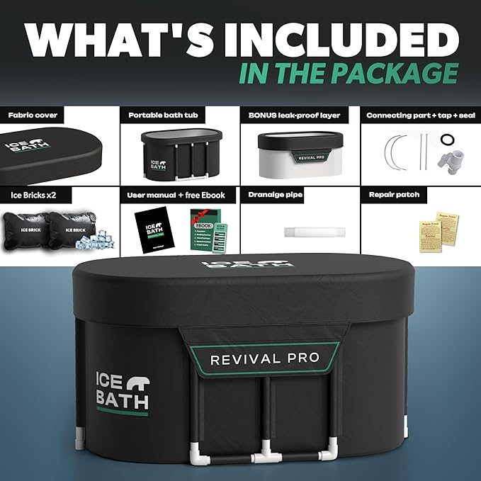 Ice Bath Tub XL - Exclusive Patented Anti-Leak Shield - Cold Plunge Tub With Cover - Ice Bricks X2 - Portable bathtub Outdoor Indoor - Free Ebook