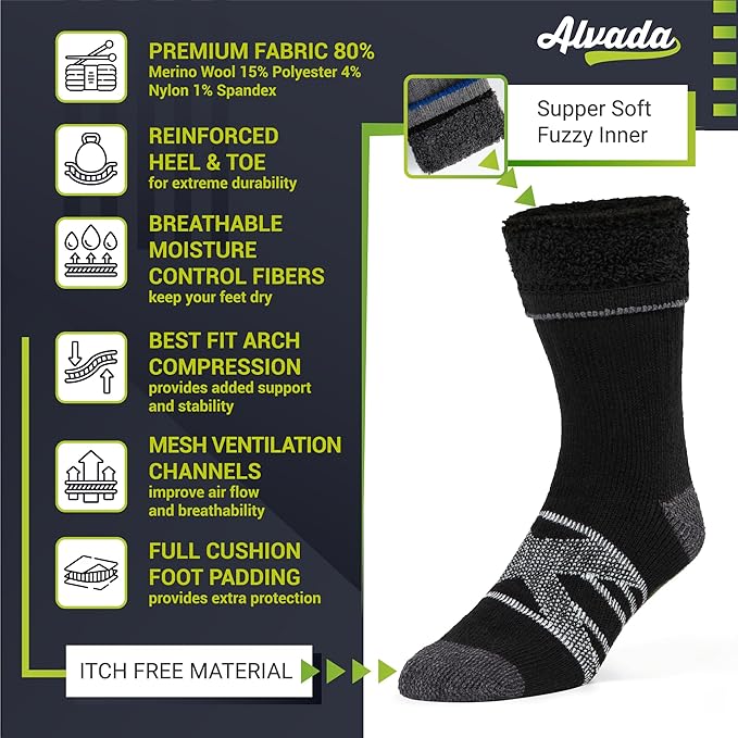 Alvada Merino Wool Hiking Socks Thermal Warm Crew Winter Boot Sock For Men & Women 3 Pairs