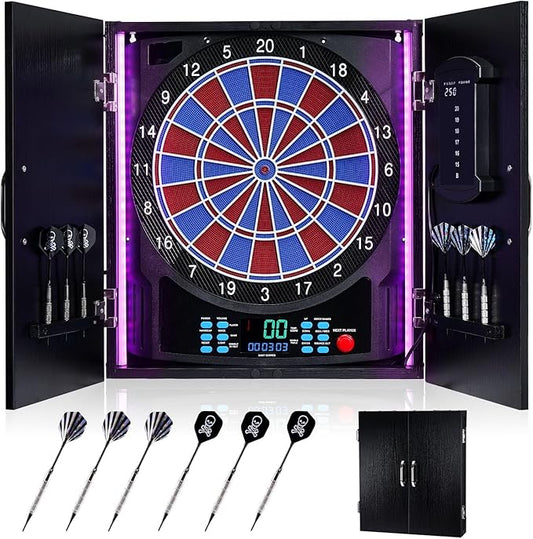 Electronic Dart Board, Electric Dartboard Cabinet Set for Adults [6 Soft Tip Darts] Individual Light Color for Each Player- Wooden Dartboard Cabinet for Family Game [Black]