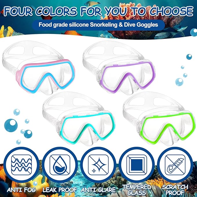 Hoolerry 4 Pcs Kids Nose Goggles Swim Goggles with Nose Cover for 3-8 Tempered Glass Snorkel Dive Mask Anti Fog with Elastic Strap No Leak Swimming Mask for Summer Diving Snorkeling