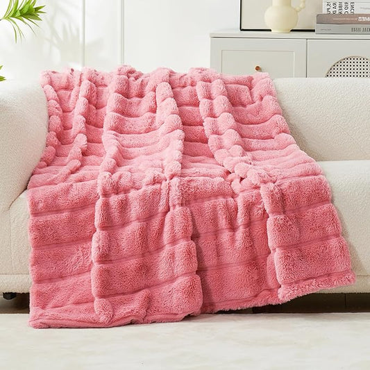 Cozy Bliss Faux Fur Throw Blanket for Couch, Cozy Warm Plush Striped Blanket for Sofa Bedroom Living Room, Pink