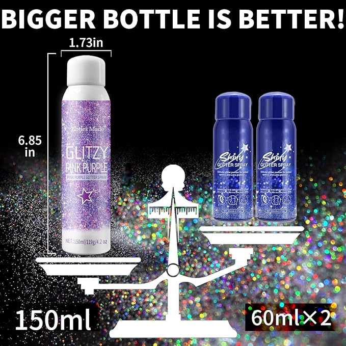 Hair Glitter Body Glitter Spray, 150ML Glitter Hairapray Holographic Purple Glitter Spray for Hair and Boday, Hair Glitter for Kids Women, Body Shimmer Festival Rave and Makeup 4.2 Fl Oz