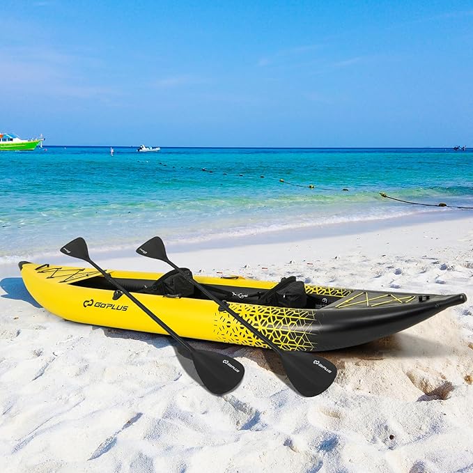 Goplus Inflatable Kayak, 2-Person Kayak Set for Adults with 507 LBS Weight Capacity, 2 Aluminium Oars, EVA Padded Seat, 2 Fins, Hand Pump, Carry Bag, Repair Kit, Portable Touring Kayaks