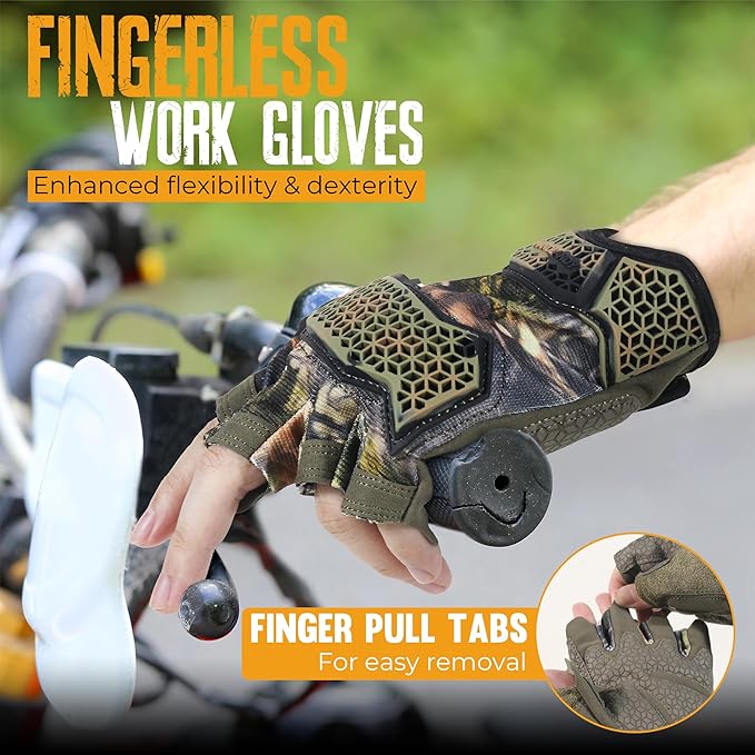 HANDLANDY Fingerless Work Gloves for Men, Padded Impact Tactical Mechanics Gloves, Grip Utility Trucker Driver Gloves (Camo- impact, Medium (Pack of 1))