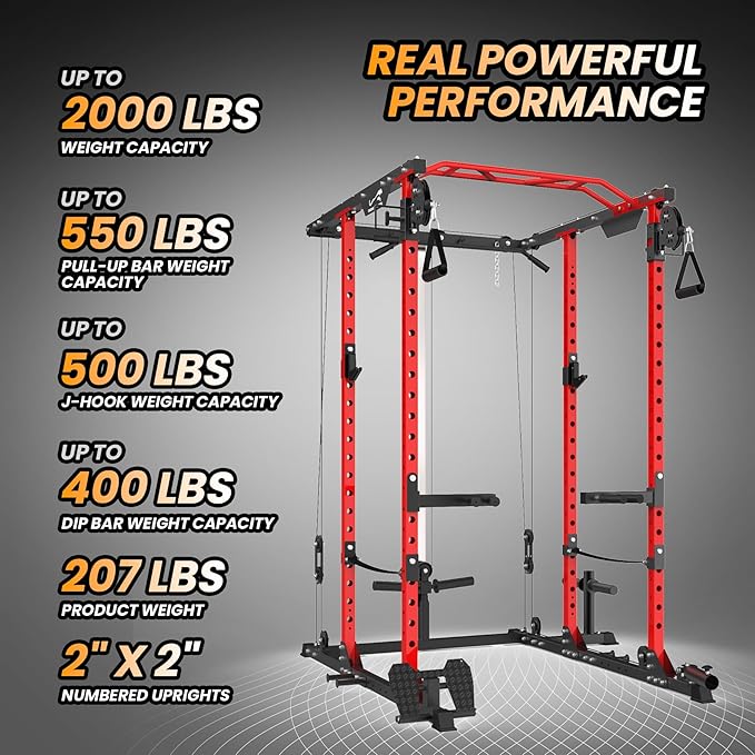 GaveeLife Power Cage, 2000 LBS Power Rack with Cable Cross-Over System, Multi-Functional Strength Training Squat Rack with LAT Pull Down System, Home Gym Equipment with Training Attachment, Red