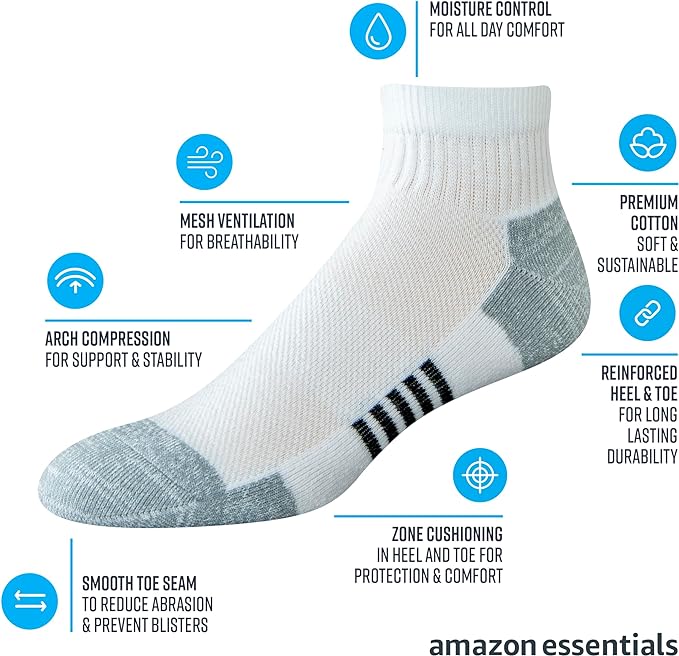 Amazon Essentials Men's Athletic Ankle Socks, Breathable, Cotton Blend, Cushioned, 6 Pairs