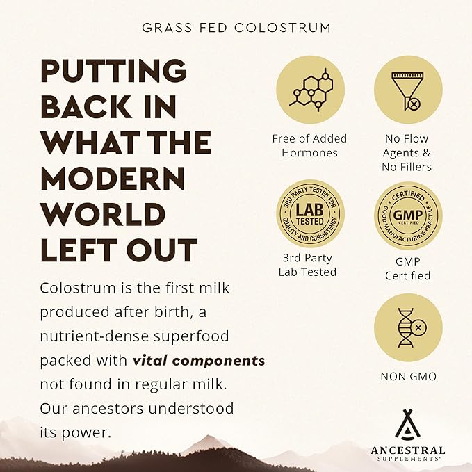 Ancestral Supplements Grass Fed Beef Bovine Colostrum Powder Packets, Immune Support Supplement, Gut, Skin & Hair Health Support Supplements, Promotes Growth and Repair, Non GMO, 30 Sticks, Unflavored