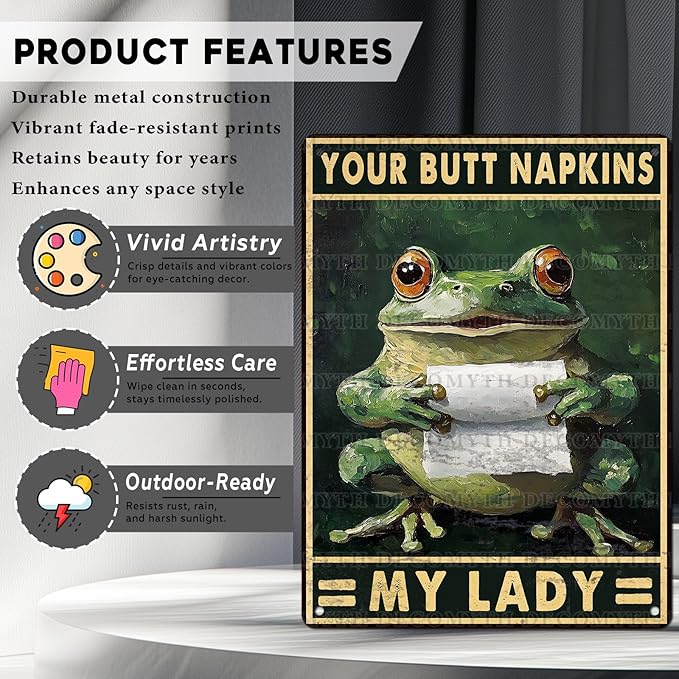 Funny Frog Bathroom Toilet Decor Metal Sign Frog Your Butt Napkin My Lord Vintage Tin Sign for Bedroom Toilet or Bathroom Wall 12 * 16inch