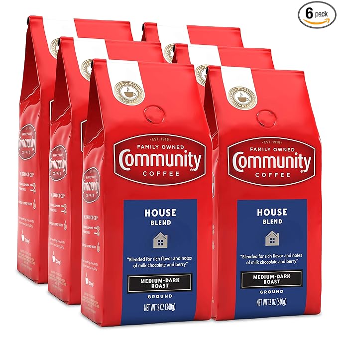 Community Coffee House Blend, 72 Ounces Ground Coffee, Medium Dark Roast, 12 Ounce Bag (Pack of 6)