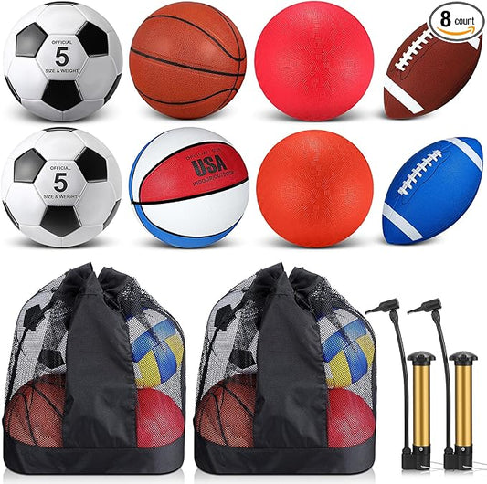 Deekin 8 Pcs Sports Balls Set for Kids Adult Assorted Football Basketball Soccer Playground Balls Official Size with Bags Pumps Outdoor Sports Equipment Athletic Gift Back to School