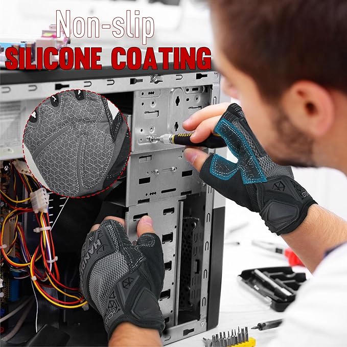 HANDLANDY Fingerless Work Gloves for Men, Padded Half Finger Tactical Mechanics Gloves, Utility Trucker Driver Gloves (Grey, Large (Pack of 1))