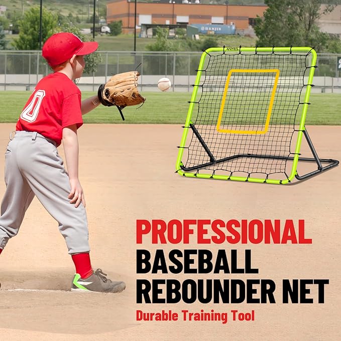 Baseball Rebounder Net 4x4.5FT - 5 Adjustable Angles Baseball Training Equipment for Ground, Line Drive & Fly Balls, Soccer Softball Volleyball Rebounder, Bounce Back Net with Hangbag