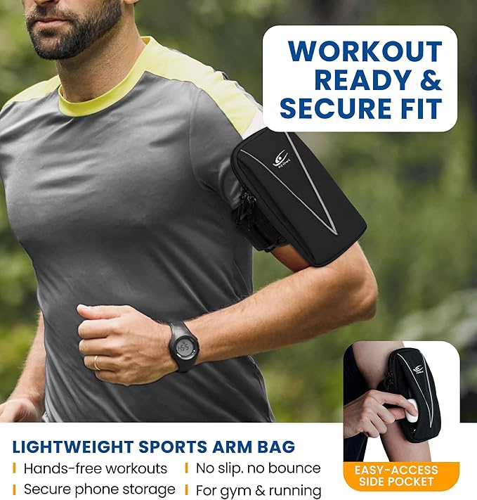 HiRui Cell Phone Holder Arm Bag & Wrist Bag for Phone, Sports Running Armband for Gym & Cycling, Compatible with iPhone 16/16Pro/Plus/15/14 Samsung Galaxy All Phones, Reflective & Adjustable (Black)
