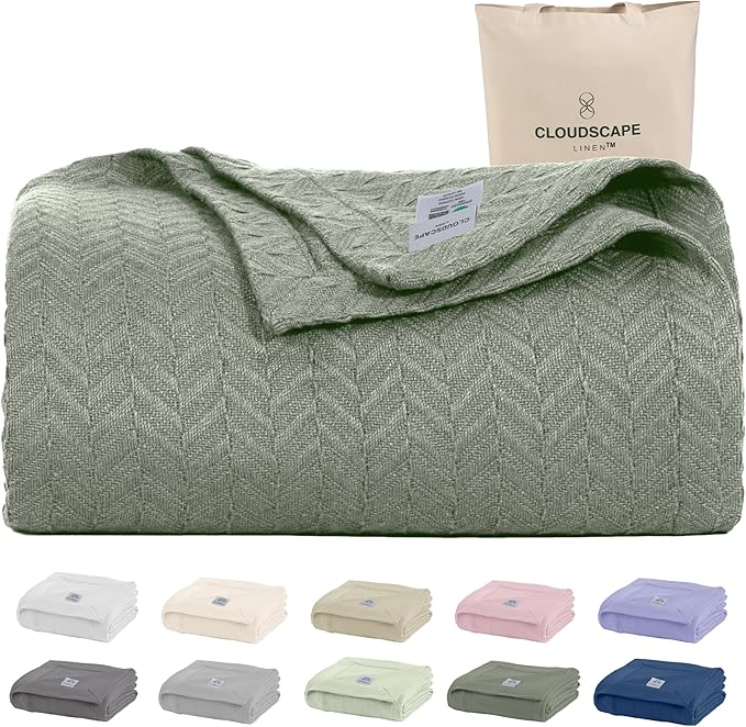 Cloud Scape Linen Herringbone Cotton Throw Blanket for Couch, Bed,Sofa, Home Decor, Soft, Lightweight, All-Season Bed Blanket, 50 x 70, Olive Green