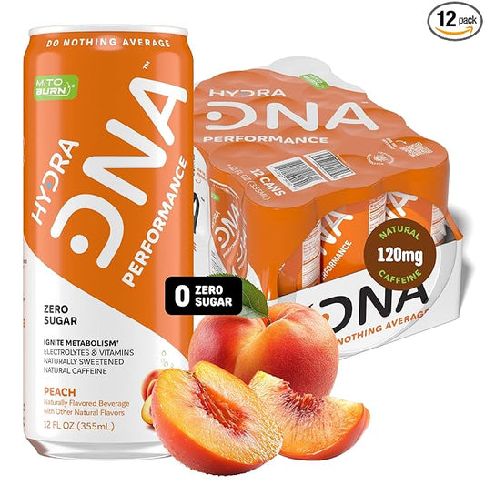 HYDRADNA- Clean Performance Drink, Zero Sugar | For Natural Fuel, Alertness, Boost, Stamina,120 mg Organic Caffeine, Natural Flavors, Zero Sucralose, Clean Ingredients (12 Pack) (12 Pack, Peach)