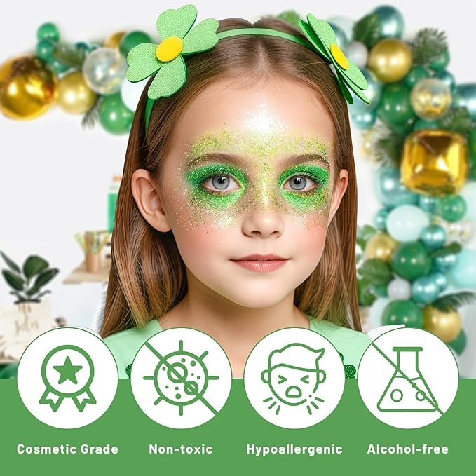 DAGEDA Green Body Glitter Gel, Roll-on Face Glitter for St Patricks Day Festival Rave Accessories, Holographic Hair Glitter Gel,Body Shimmer Mardi Gras Makeup for Rave Party