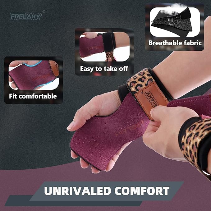 Frelaxy Lifting Wrist Straps Women and Men, Weight Lifting Grips with Cushion Wrist Loop, Double Layer Leather and Storage Pouch, Gym Workout Straps for Deadlift and Powerlifting